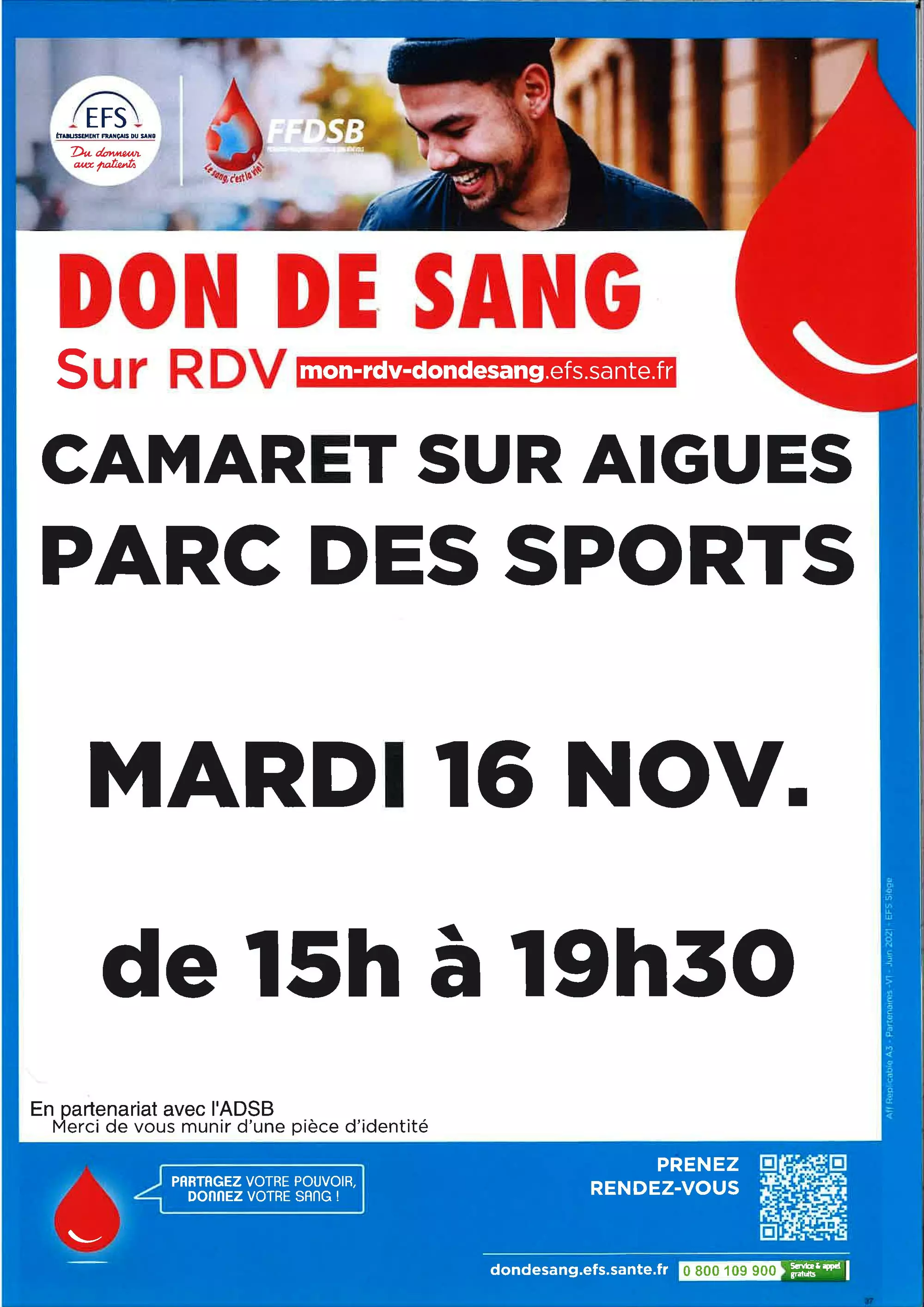 La prochaine collecte de don de sang se déroulera le mardi 16 novembre 2021, de 15h00 à 19h30 à l'Espace René Roussière de Camaret