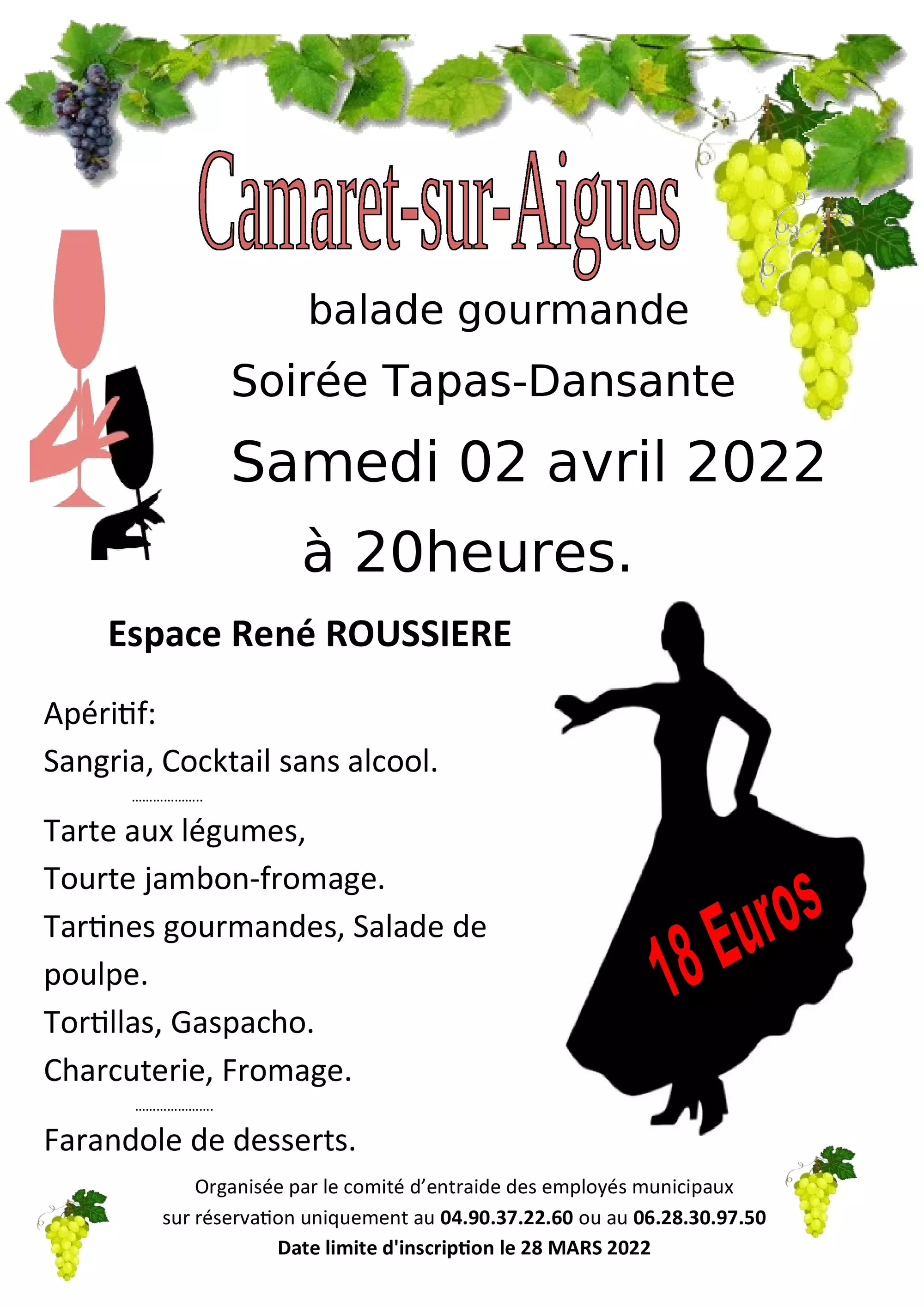 Soirée Tapas-Dansante le samedi 2 avril 2022 à 20h00 à la salle René Roussière