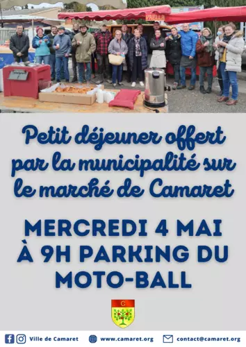 Petit déjeuner offert par la municipalité sur le marché de Camaret ce mercredi 4 mai à 9h00 sur le parking du Moto-Ball