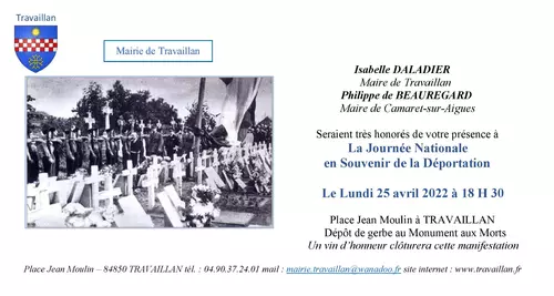 Journée Nationale en Souvenir de la Déportation Le lundi 25 avril 2022 à 18h30 place Jean Moulin à Travaillan