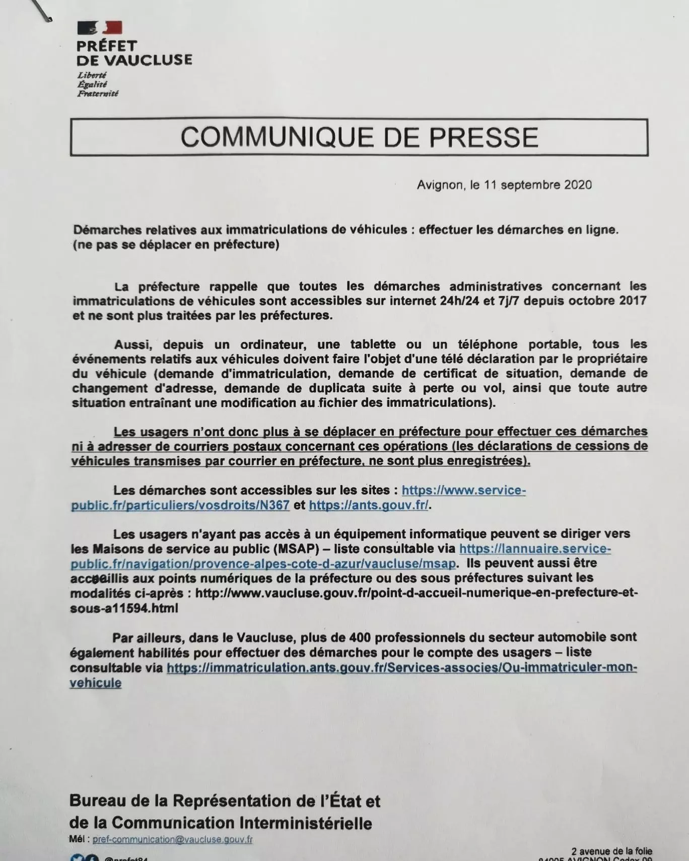 Démarches relatives aux immatriculations de véhicules : effectuer les démarches en ligne (ne pas se déplacer en préfecture)