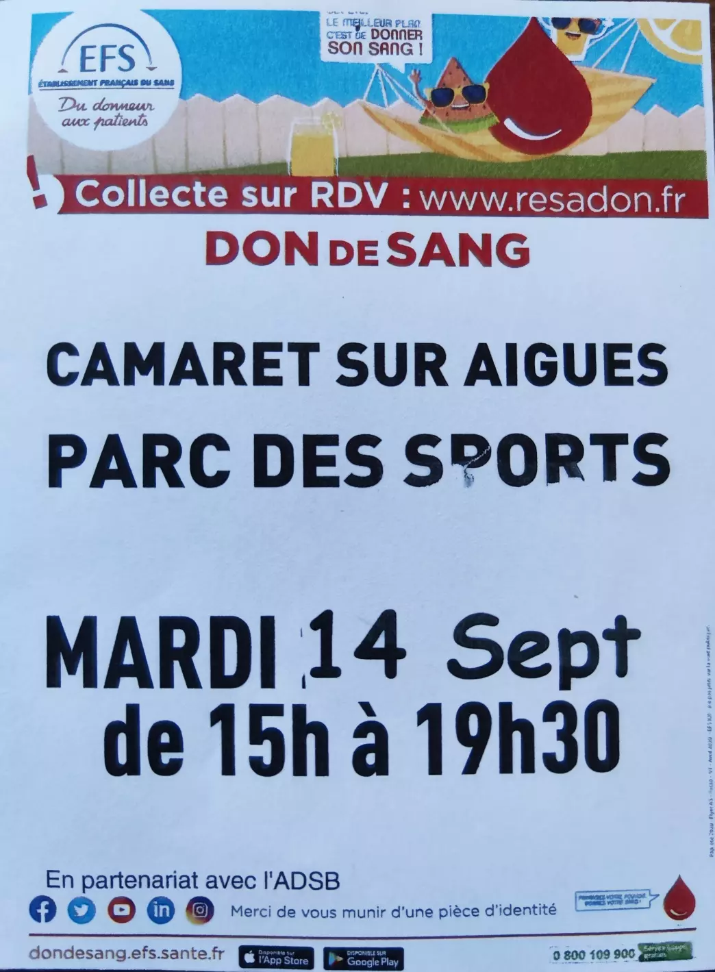 Prochaine collecte du don de sang : mardi 14 septembre 2021 de 15h à 19h30