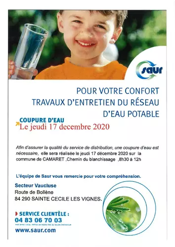 Information riverains / Message de la SAUR : coupure d'eau le 17 décembre, chemin du Blanchissage