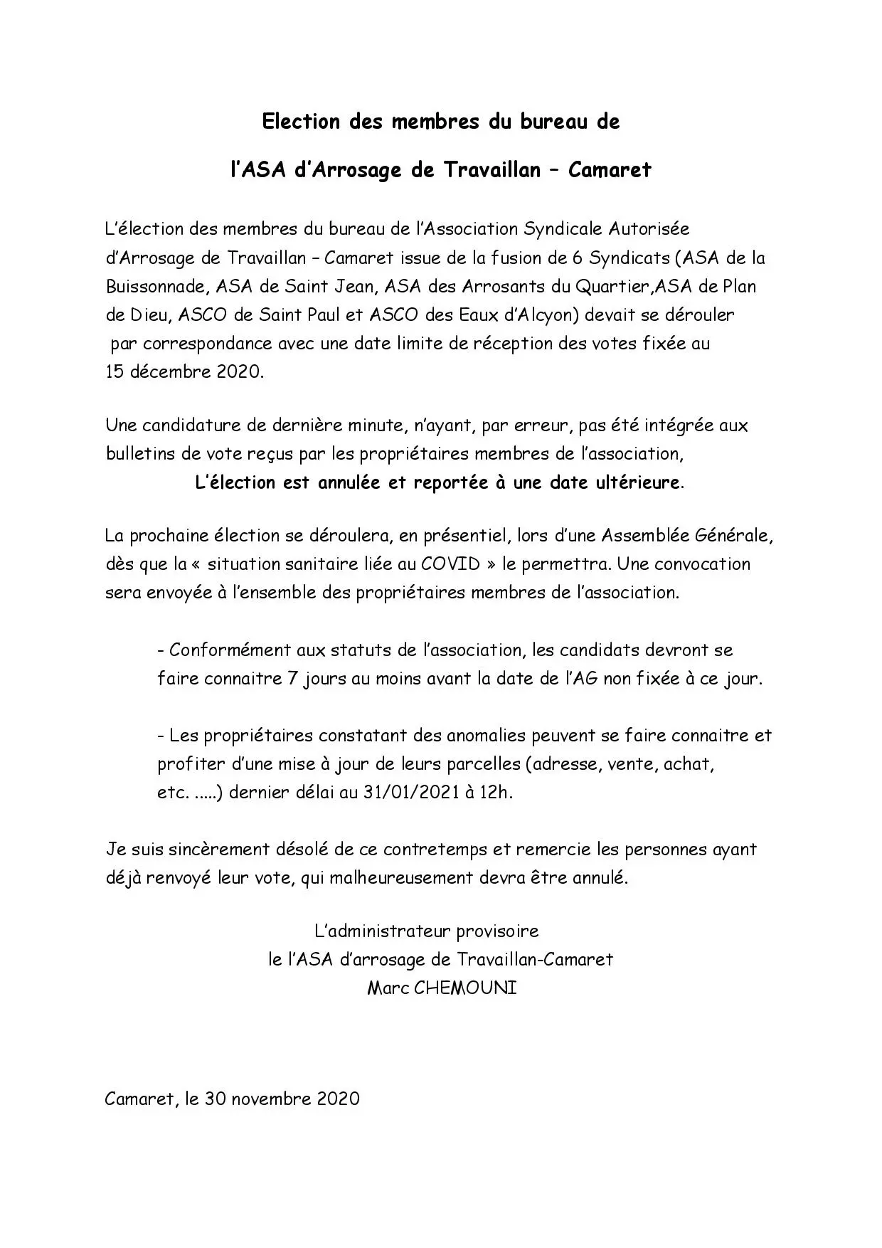 Élection des membres du bureau de l’ASA d’Arrosage de Travaillan - Camaret : message de Marc Chemouni, administrateur provisoire