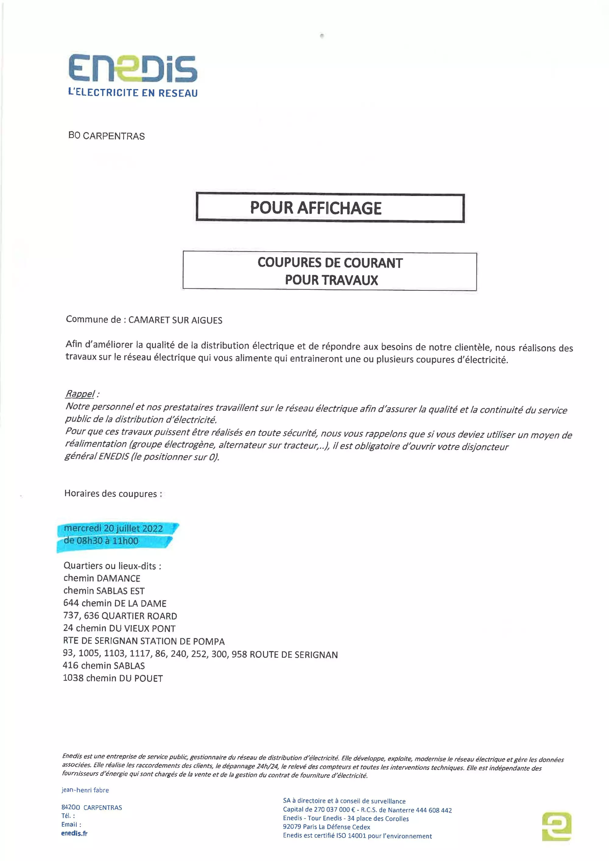 Coupure électrique à prévoir le mercredi 20 juillet 2022 de 8h30 à 11h00