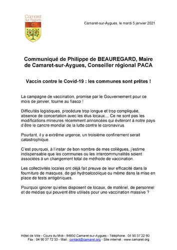 « Vaccin contre le Covid-19 : les communes sont prêtes ! » | Communiqué de presse de Philippe de Beauregard