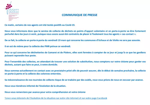 URGENT ! Communiqué de presse de la Communauté de communes Aygues Ouvèze en Provence à lire et à partager