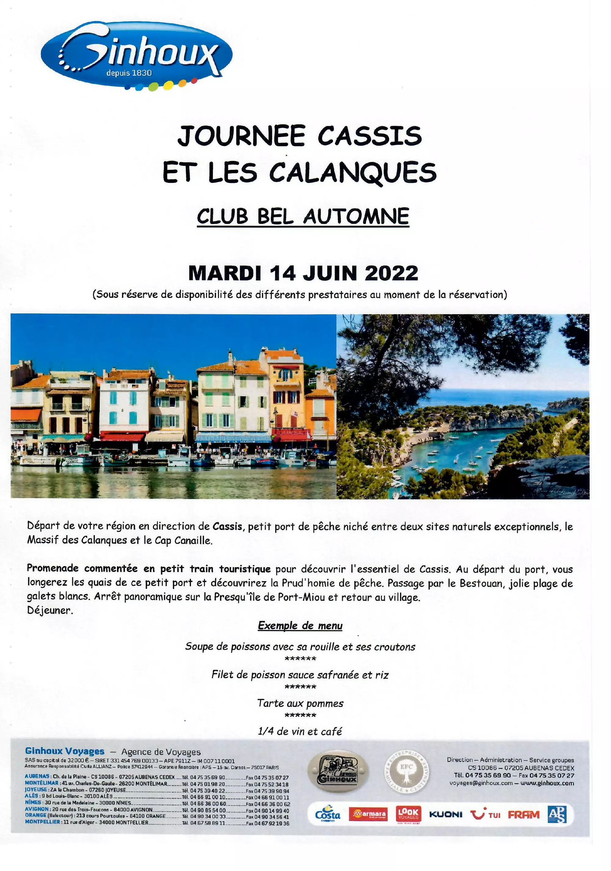 Sortie organisée par le Club Bel Automne le mardi 14 juin dans les Calanques de Cassis