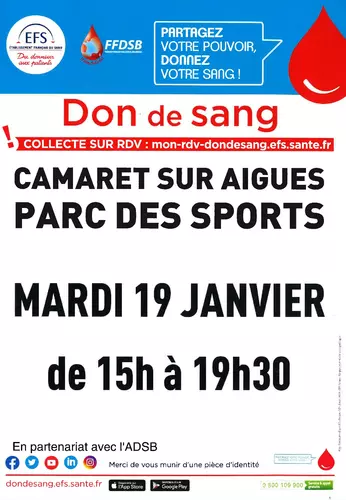 Prochaine collecte du don du sang : le mardi 19 janvier 2021 de 15h00 à 19h30 à l'Espace René Roussière