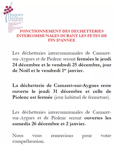  Information de la CCAOP concernant les horaires d'ouverture de la déchetterie de Camaret pour les fêtes de fin d'année