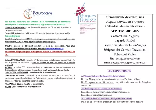 Agenda des manifestations du mois de septembre sur la Communauté de communes Aygues Ouvèze en Provence