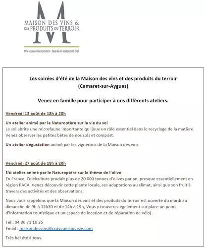 Rappel des deux prochains événements organisés par la Maison des Vins et des Produits du Terroir