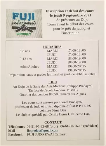 Le FUJI JUDO KWAI Camaret vous informe de la reprise des entrainements