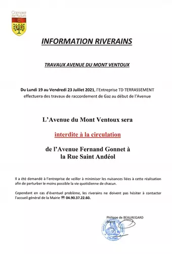 Information riverains : travaux sur l'avenue du Mont Ventoux