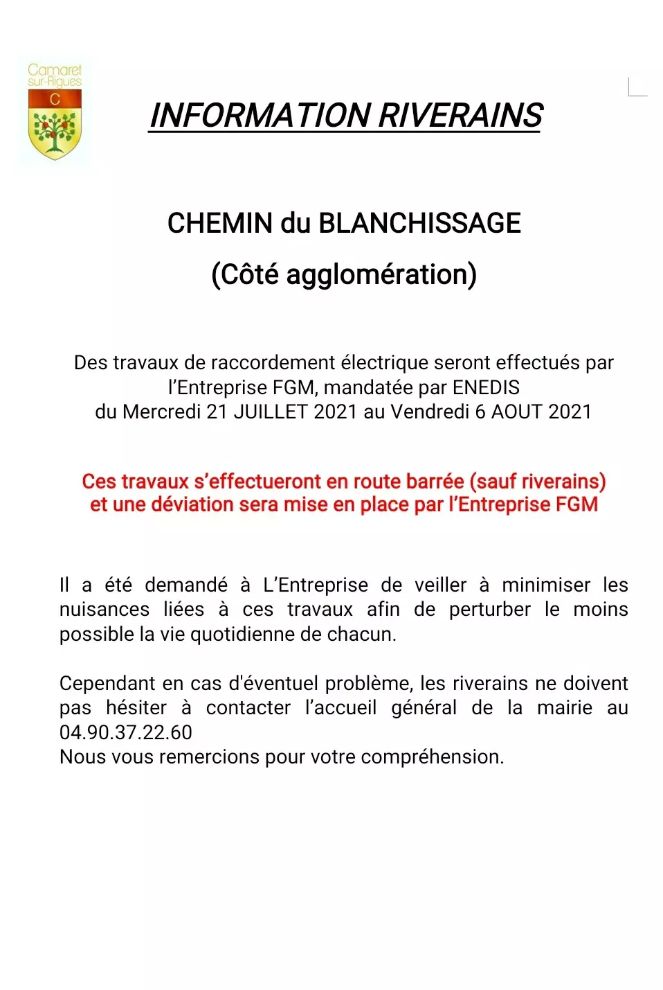 Information riverains : travaux sur le chemin du Blanchissage (côté agglomération)